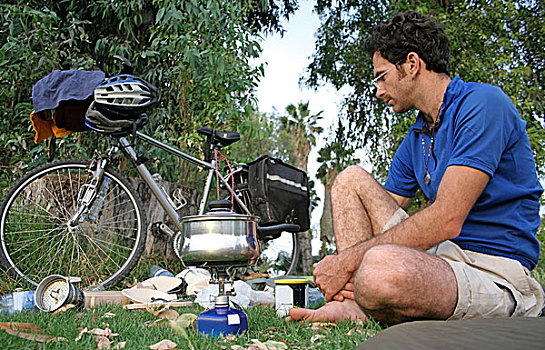 露营,坐,烹调,自行车