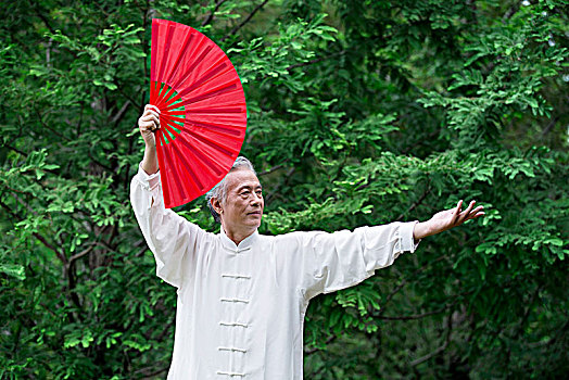 站在草坪上练太极的老年男性