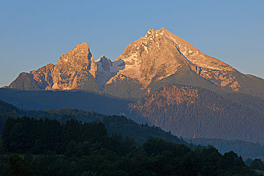 瓦茨曼山,日出,巴伐利亚阿尔卑斯山,贝希特斯加登地区,上巴伐利亚,巴伐利亚,德国