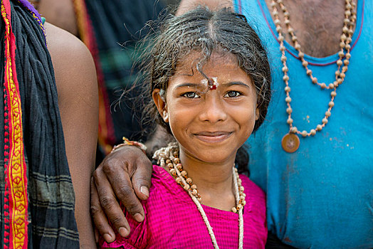 女孩,局部,印度教,家庭,头像,安曼,庙宇,马杜赖,泰米尔纳德邦,印度,亚洲
