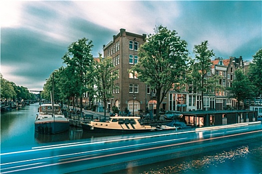 夜晚,阿姆斯特丹,运河,发光