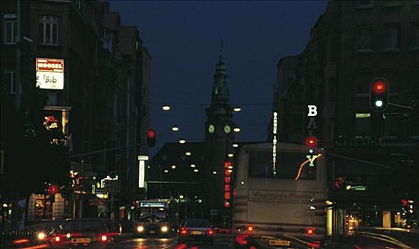 道路,交通,夜晚,霓虹灯,汽车,巴士,卢森堡,欧洲