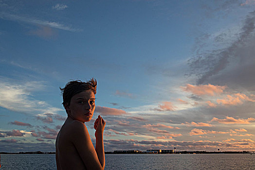 男孩,海洋,日落,佛罗里达