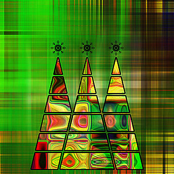 艺术,三个,圣诞树,绿色,黄金,彩虹,彩色,抽象图案,金色背景