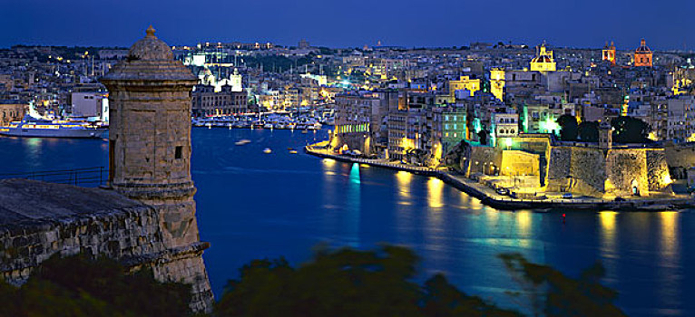 夜晚,风景,森格莱阿,三个,城市,花园,瓦莱塔市,马耳他,欧洲