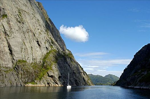 陡峭,墙壁,石头,狭窄,峡湾,帆船,罗弗敦群岛,挪威