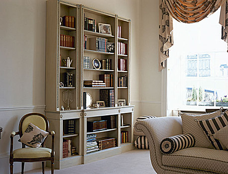 传统,起居室,书架,软垫,沙发,晴朗,窗户,帘