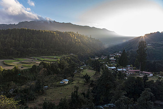日落,上方,传统,山村,不丹