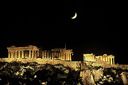 希腊,雅典,卫城,月出,上方,帕台农神庙