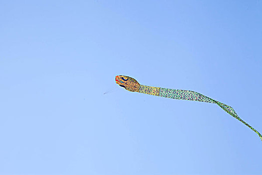 飞翔在蓝色天空中的纸质蛇形彩色风筝