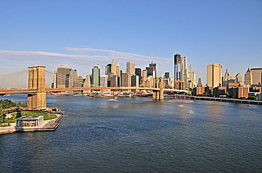 天际线,下曼哈顿,桥,渡轮,州立公园,左边,曼哈顿大桥,曼哈顿,纽约,美国,北美