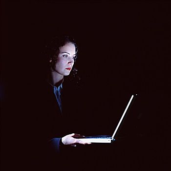 职业女性,笔记本电脑,暗色