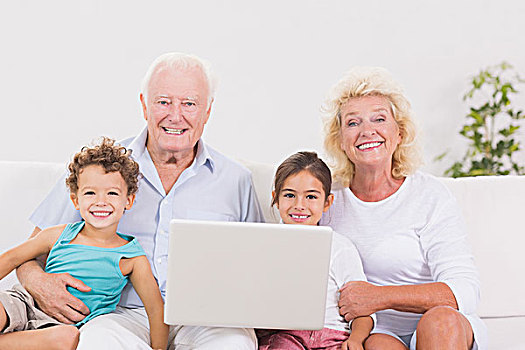 微笑,祖父母,孩子,电脑,沙发