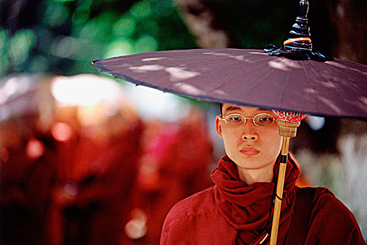 缅甸,仰光,和尚,走,伞,晴朗