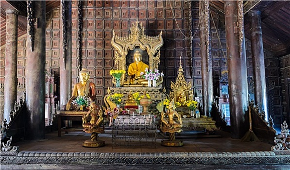木质,柚木,寺院,曼德勒,缅甸
