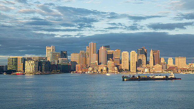 天际线,摩天大楼,货船,波士顿,水道,马萨诸塞,美国,北美