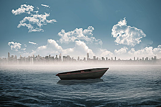 小船,海中,城市,地平线