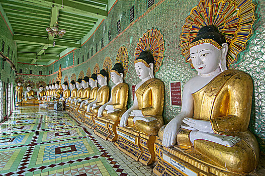 许多,坐佛,雕塑,墙壁,装饰,玻璃,图案,塔,传说,山,靠近,曼德勒,缅甸