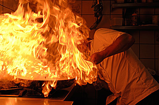 烹饪,拿着,燃烧,锅,炉子