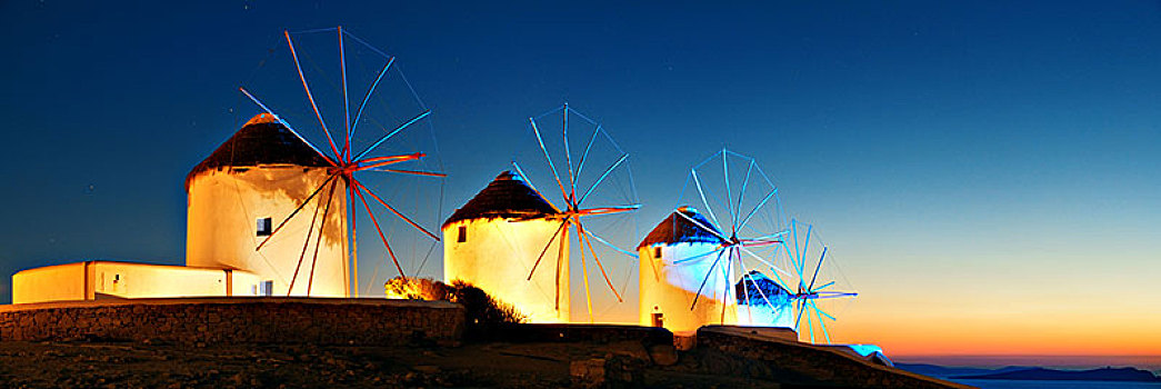 风车,全景,著名地标,夜晚,米克诺斯岛,希腊