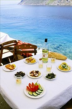 希腊,食物,酒瓶,桌子,海洋