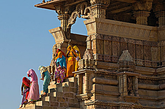 女人,穿,纱丽服,离开,庙宇,克久拉霍,多,纪念碑,世界遗产,中央邦,印度,亚洲