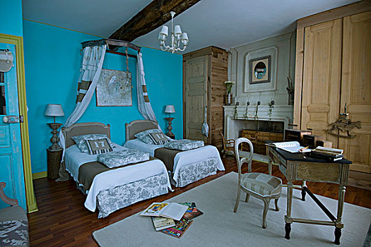 特写,室内设计,卧室,相似,床,苍白,布,墙壁,涂绘,淡蓝色