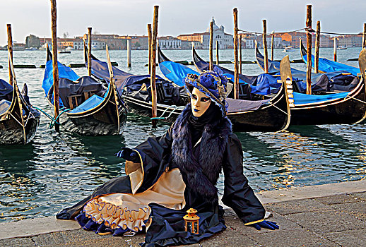 女人,威尼斯人,面具,坐,泻湖,后面,圣乔治奥,狂欢,威尼斯,意大利,欧洲