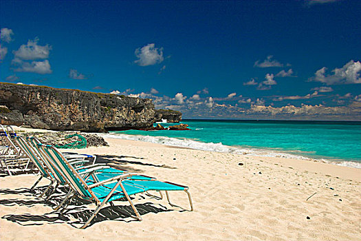 排,沙滩椅,蓝色,绿色,水,底湾,巴巴多斯