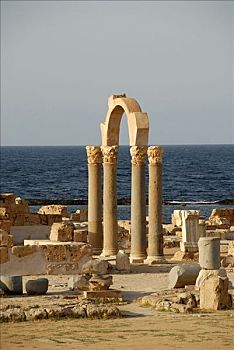 柱子,拱形,海上,萨布拉塔,利比亚