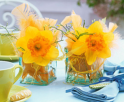 水仙花,羽毛,玻璃花瓶,桌上,咖啡