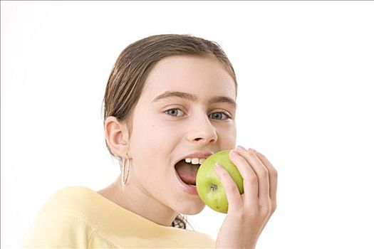 女孩,咬,苹果
