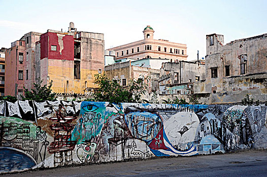 墙壁,涂鸦,大道,市中心,哈瓦那,古巴,大安的列斯群岛,加勒比海,中美洲,北美