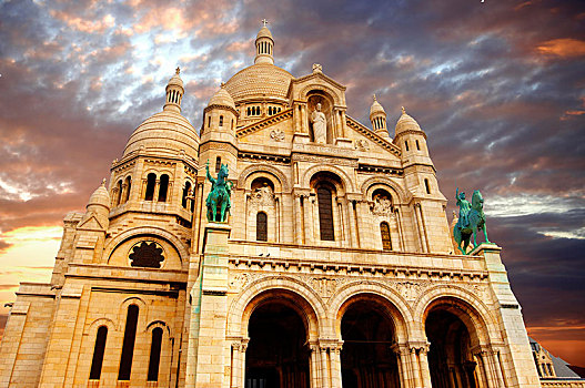 大教堂,圣心堂,耶稣,巴黎,日落,蒙马特尔,法国,欧洲