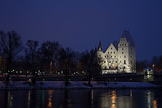 城堡,多瑙河,夜晚,因格尔斯塔德特,上巴伐利亚,巴伐利亚,德国,欧洲