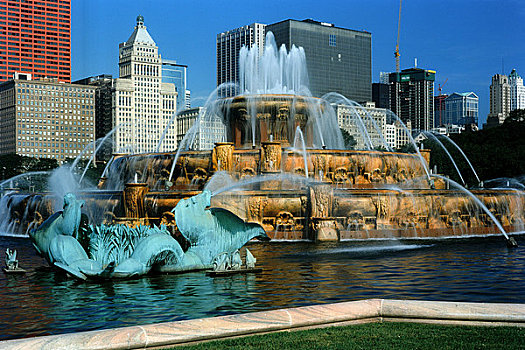 喷泉,公园,摩天大楼,背景,白金汉喷泉,格兰特公园,芝加哥,伊利诺斯,美国