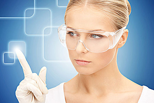 女人,防护眼镜,手套,工作,虚拟