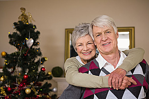 老年,夫妻,微笑,旁侧,圣诞树