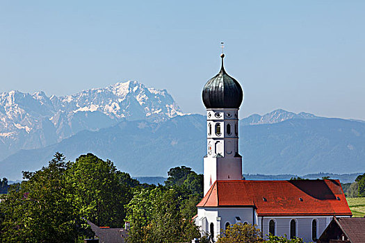 教堂,背影,山,楚格峰,区域,上巴伐利亚,巴伐利亚,德国,欧洲
