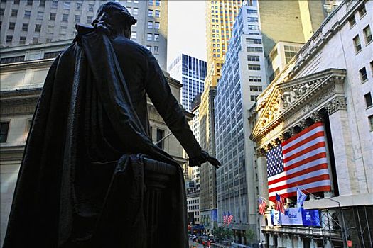 乔治-华盛顿,雕塑,金融大楼,街道,纽约股票交易所,华尔街,曼哈顿,纽约,美国