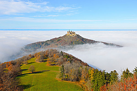 城堡,雾,高山,巴登符腾堡,德国,欧洲