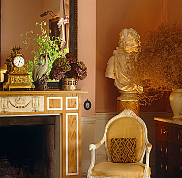 石膏,半身像,旁侧,大理石,壁炉,客厅,后面,路易十六,椅子