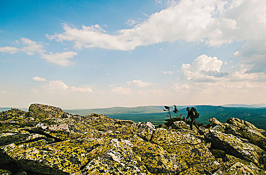 男性,远足,岩石上,崎岖,风景,俄罗斯