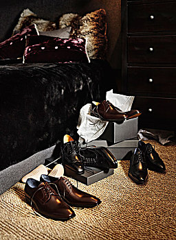 新,正装鞋,盒子,地板,旁侧,床,卧室,棚拍