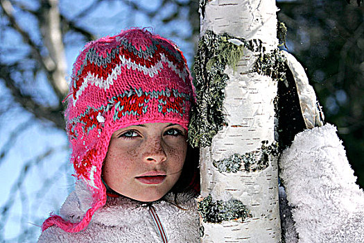 女孩,靠近,桦树,粉色,羊毛帽
