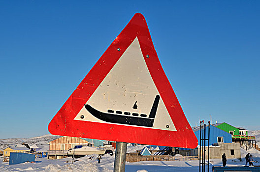 警告标识,狗拉雪橇,伊路利萨特,格陵兰,北极,北美