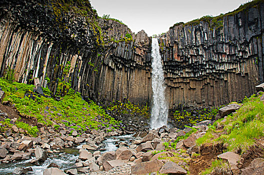 冰岛,东方,区域,瓦特纳冰川,国家公园,瓦特纳冰川国家公园,瀑布,围绕,玄武岩