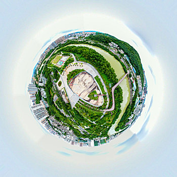 小行星视角航拍海南三亚金鸡岭桥头公园球形全景图