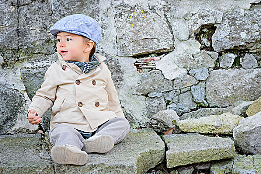 头像,男婴,戴着,外套,围巾,帽子,石墙