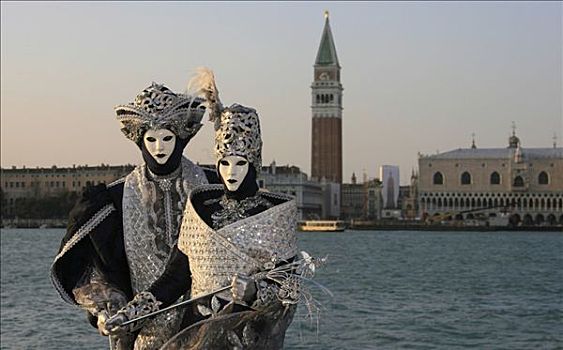肖像,狂欢,威尼斯,人,戴着,面具,威尼托,意大利